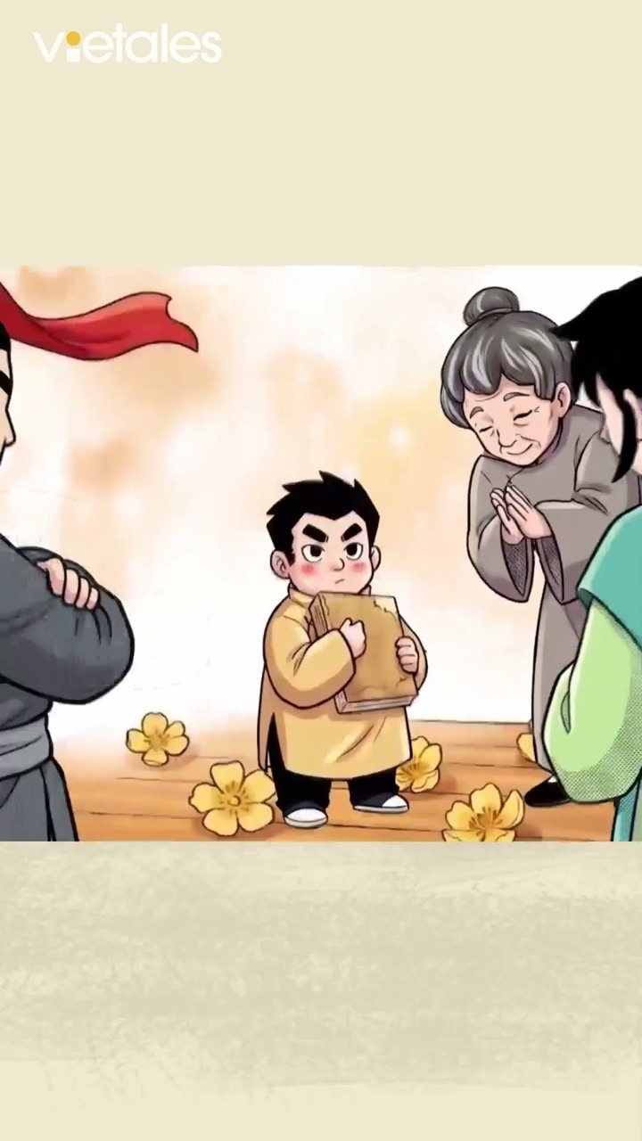 Cậu bé áo vàng ôm quyển sách, bên cạnh người bà chắp tay nhìn trìu mến